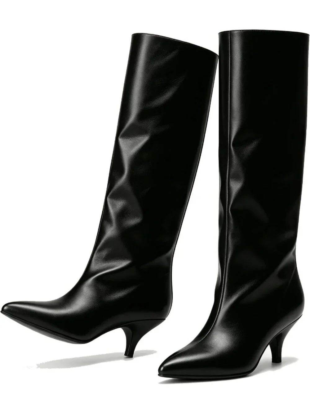 Women Black Faux Leather Pointed-Toe Folded Wide Calf Low Kitten Knee-High Boot